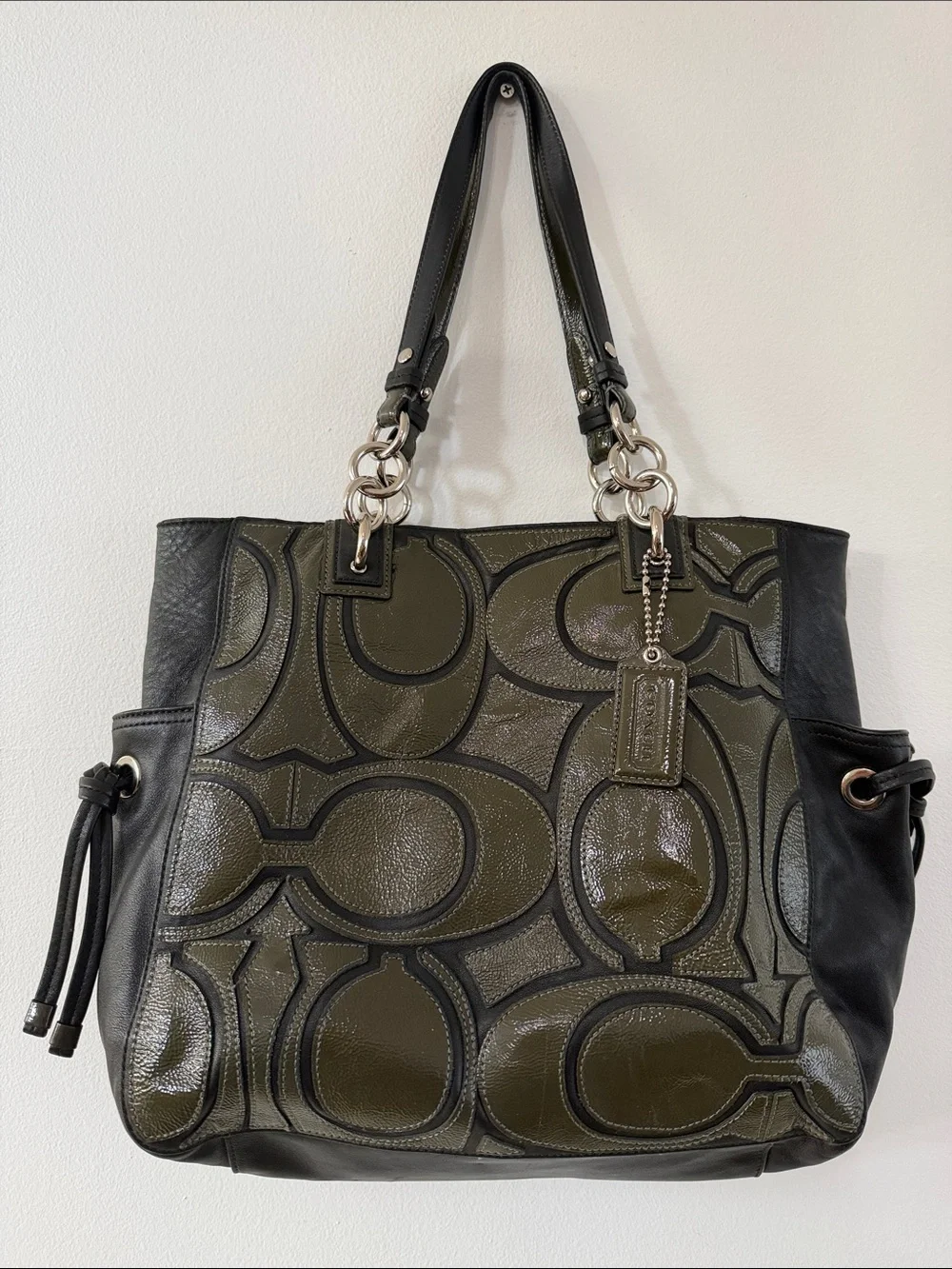Coach Olive and Black Signature Tote with Chain Accent